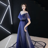 Blue tulle sequins long prom dress HZ1023