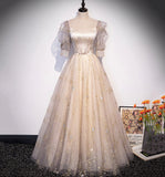 Champagne tulle sequins long prom dress evening gown HZ1023