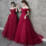 Burgundy tulle beads long prom dress A line evening dress HZ1023