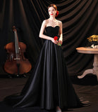 Black satin long A line prom dress black evening dress HZ1023