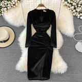 Simple V Neck Velvet Long Sleeve Dress Fashion Dress HZ1023