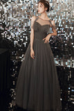 Gray tulle long A line prom dress evening dress HZ1023