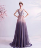 Purple gradient tulle long A line prom dress evening dress HZ1023