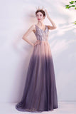 Purple gradient tulle long A line prom dress evening dress HZ1023