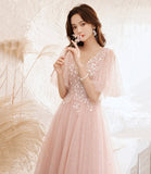 Pink tulle lace long prom dress pink evening dress HZ1023