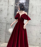 Burgundy velvet long prom dress A line evening dress HZ1023