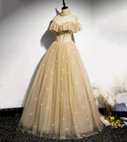 Gold tulle sequins long ball gown dress formal dress HZ1023