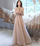 Champagne tulle sequins long A line prom dress evening dress HZ1023