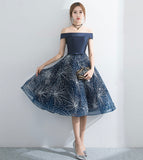 Blue tulle sequins short prom dress party dress HZ1023