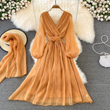 Cute V Neck Soft Chiffon Dress Fashion Girl Dress And Scarf HZ1023