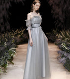 Grey tulle long prom dress grey evening dress HZ1023