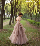 Stylish tulle beads long prom dress A line evening dress HZ1023