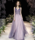 Purple tulle long A line prom dress purple evening dress HZ1023