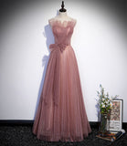 Pink tulle sequins long prom dress A line evening dress HZ1023