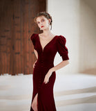 Burgundy velvet long prom dress mermaid evening dress HZ1023