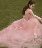 Pink 3D Flowers Long Prom Dress A line Evening Dress HZ1023