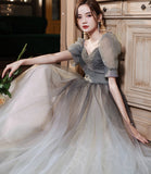 Cute tulle beads long A line prom dress evening gown HZ1023
