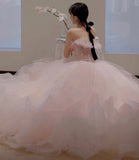 Pink tulle sequins long prom gown A line evening gown HZ1023