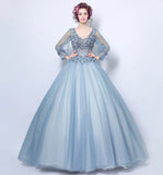 Blue lace applique long prom gown evening dress HZ1023