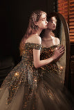 Shiny sequins long prom dress A line evening dress HZ1023