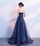 Blue tulle sequins long prom dress A line evening gown HZ1023