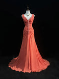 Orange Gorgeous Retro Fashion V-Neck Elegant Exquisite Pearl Beads Long Tulle Chiffon Floor-Length Trailing Ball Gown Evening Dress Prom Dress HZ1023