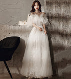 Unique tulle sequins long prom dress white evening dress HZ1023