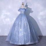 Blue tulle sequins long ball gown dress formal gown HZ1023