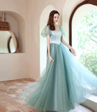 Green satin tulle long prom dress green evening dress HZ1023