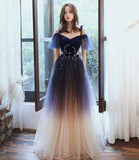 Blue velvet tulle long prom dress A line evening dress HZ1023
