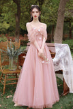 Pink tulle long prom dress A line evening dress HZ1023