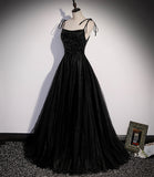 Black tulle beads long prom dress A line evening dress HZ1023