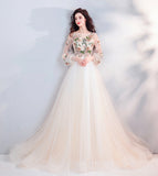 Light champagne lace long prom dress evening dress HZ1023