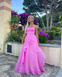 Light pink A-line off-shoulder long ruffled elegant tulle ball gown evening dress HZ1023