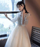 Champagne tulle lace long prom dress evening dress HZ1023