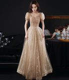 Gold tulle beads long A line prom dress evening dress HZ1023