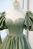 Green satin long A line prom dress evening dress HZ1023