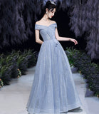 Blue tulle sequins long prom dress blue evening dress HZ1023