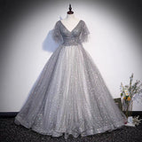Gray tulle sequins long prom dress A line evening gown HZ1023