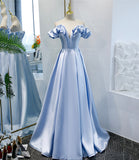 Blue satin long A line prom dress blue evening dress HZ1023