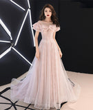 Pink lace tulle long prom dress pink evening dress HZ1023