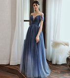 Blue tulle beads long prom dress evening dress HZ1023