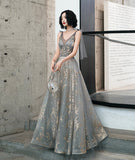 Gray Fashion Elegant V-neck Sequined Long Tulle Ball Gown Evening Dress Ball Gown HZ1023