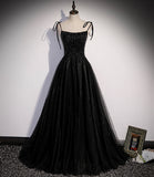 Black tulle beads long prom dress A line evening dress HZ1023