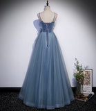 Blue satin tulle long prom dress A line evening dress HZ1023