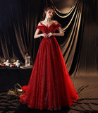 Red tulle sequins long prom dress A line evening gown HZ1023