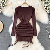 V-neck drawcord pleated sexy slim short Hip Wrap Dress HZ1023