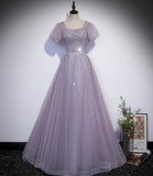 Purple tulle beads long prom dress A line evening gown HZ1023
