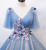 Blue v neck tulle long prom gown formal dress HZ1023