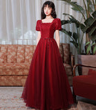 Burgundy satin tulle long prom dress A line evenig dress HZ1023